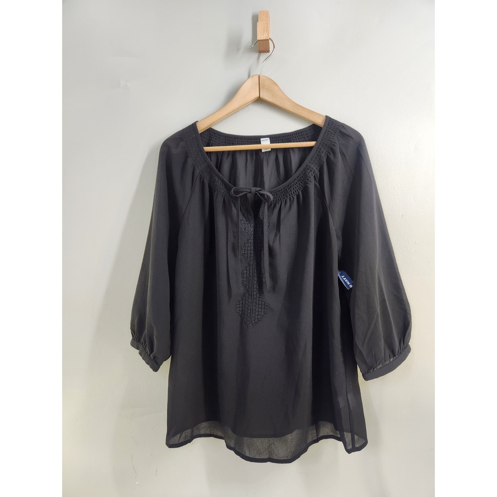 Old Navy Boho Peasant Blouse Womens M Black Sheer Embroidered Tunic Whimsi Goth